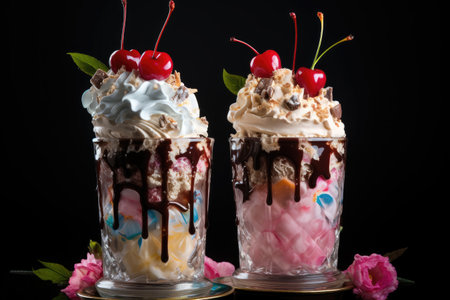 There are two extravagant milkshakes made at home placed on the table.の素材