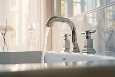 The faucet in the pristine and well-lit bathroom produces chilled water.の素材