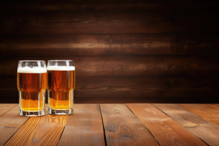 Two beer glasses placed on a wooden surface, with empty space available for text or other objects.の素材