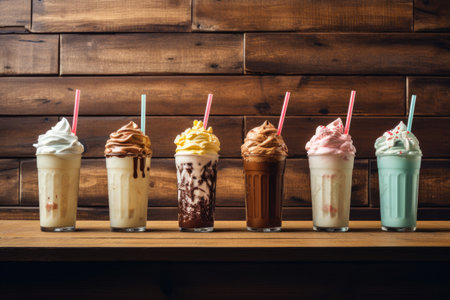 Wooden background complements the delectable milkshakes.の素材