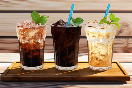 Summer refreshment beverages with a chocolate flavor, served chilled in a cafe against a backdrop ofの素材