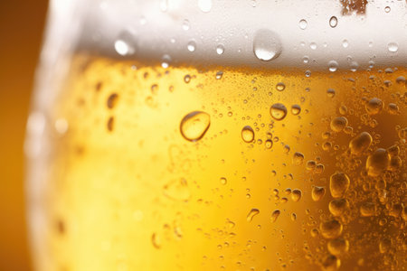 The image showcases the close-up view of condensation drops on a frosty pint of beer, surrounded byの素材