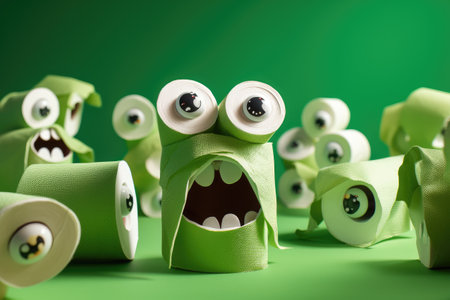 Toilet paper adorned with playful googly eyes against a vibrant green backdrop.の素材