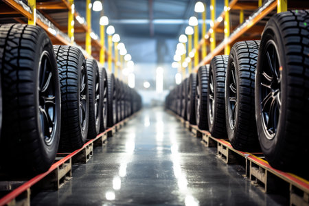 Car tires in a warehouse. Auto service industry. Industrial background.の素材