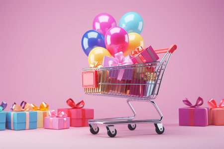 A multicolored gift filled cart on pink backdrop with negative spaceの素材