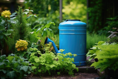A colorful botanical garden houses a green rain barrel with a blue watering canの素材