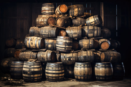 Antique wooden barrels stacked holding aged whisky and wineの素材
