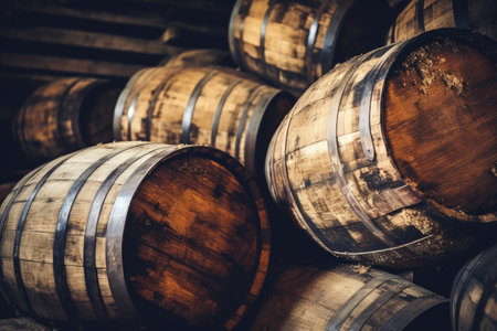 Antique wooden barrels stacked holding aged whisky and wineの素材