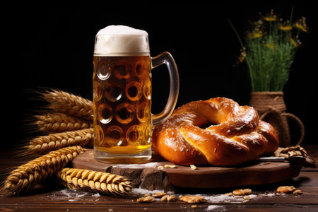 Bavarian pretzel with German beer on beer barrelの素材