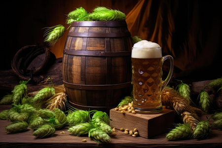 Beer in a cold mug wheat and hops on a wooden barrelの素材