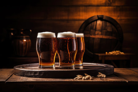 Beer barrel and glasses on a wooden table against a dark brown backdropの素材