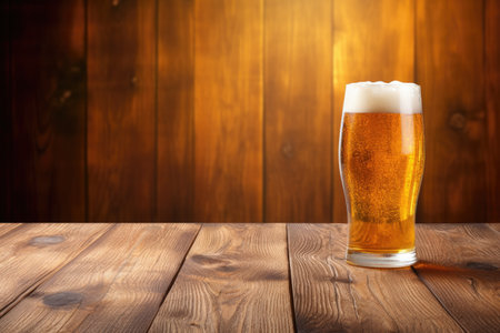 Beer glass on wooden background with empty space for textの素材
