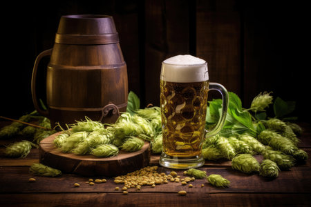 Beer cellar with table holding still life of mug beer cask and wheatの素材