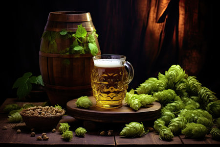 Beer concept with vintage barrel light glass beer hop barley and brewery traditionsの素材