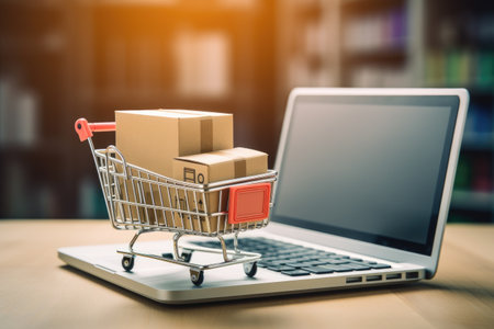 Cart with laptop computer and shopping bag featuring blurred web store shop for online shopping andの素材
