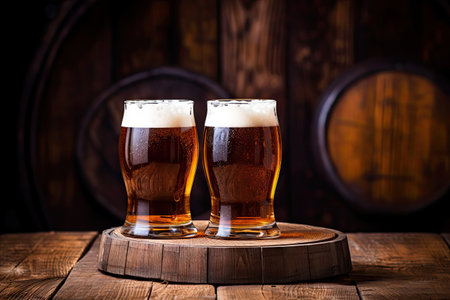 Beer glasses on wooden barrel with space for textの素材