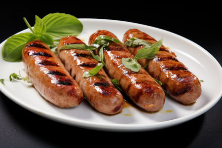 Close up grilled bratwurst pork sausages with basil isolated on whiteの素材