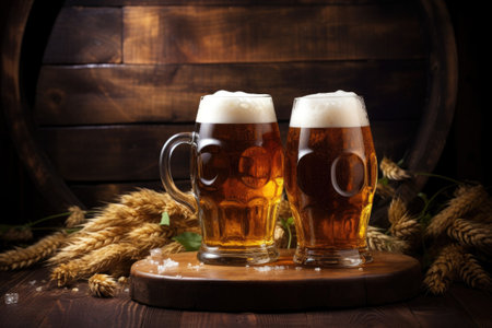 Beer glasses arranged on a wooden background with a barrelの素材