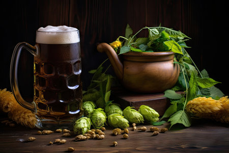 Beer in a cold mug wheat and hops on a wooden barrelの素材