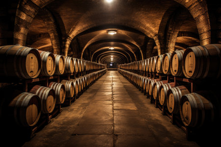 Barrels in wine cellars for wine storageの素材