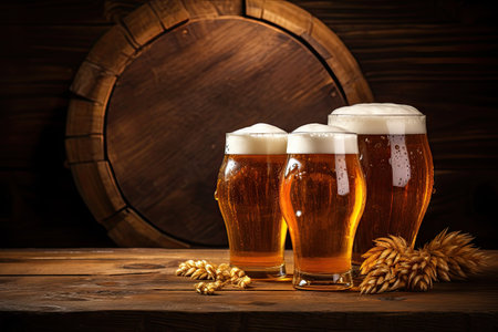 Beer glasses arranged on a wooden background with a barrelの素材