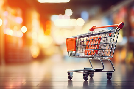 Blurred department store photo with trolley in bokeh backgroundの素材