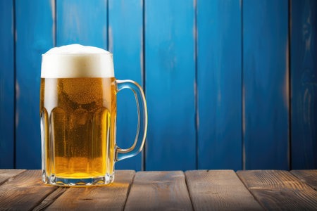 Close up shot of a blue table with a beer mugの素材