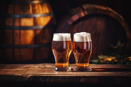 Beer glasses on wooden barrel with space for textの素材