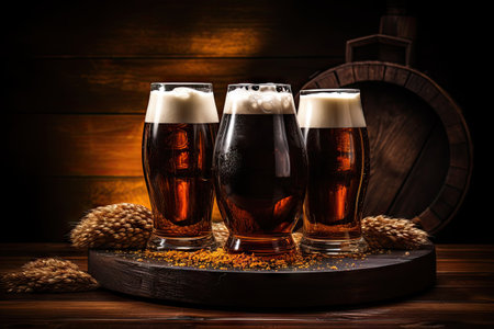 Beer glasses on a wooden table with dark brown backgroundの素材