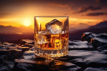 Creative advertising shot of a whiskey glass with ice stone fog and sunset backgroundの素材
