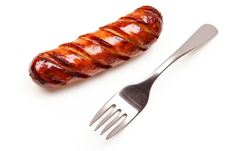 Grilled sausage on white background with forkの素材