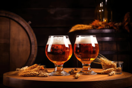 Craft brewery with glasses of beer and ale on a wooden tableの素材