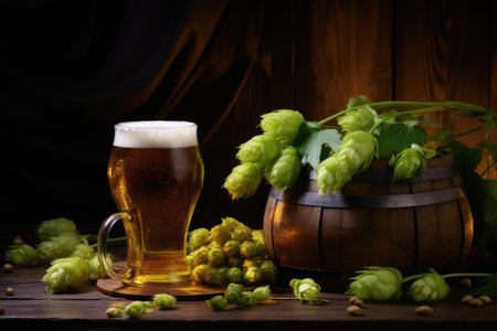 Beer with vintage barrel and glass fresh amber concept green hop and gold barley on wooden table breの素材