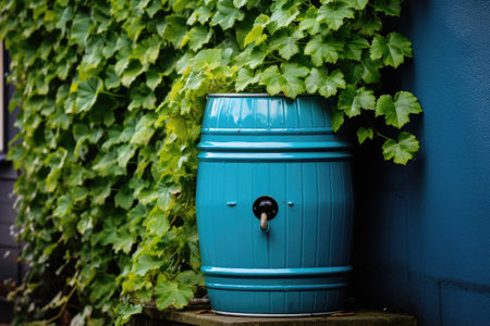 In Bergen Netherlands an ivy wall near a green rain barrel is being filled with water from a blue waの素材