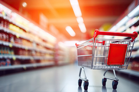Blurry abstract in grocery store with cart Shopping conceptの素材