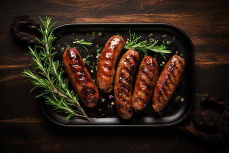 Grilled sausages adorned with rosemary herbs seen from above with empty areaの素材
