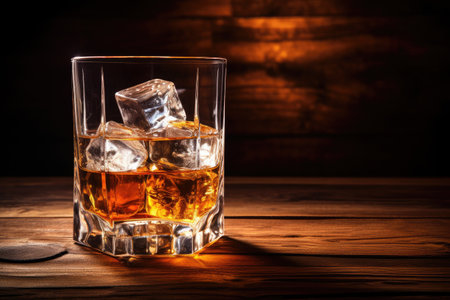 Close up of whiskey and ice in glass on wooden backgroundの素材