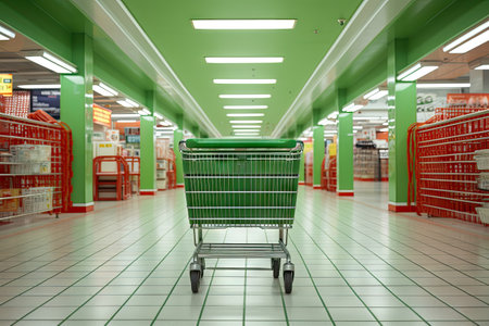 Empty green shopping cart in supermarket aisleの素材