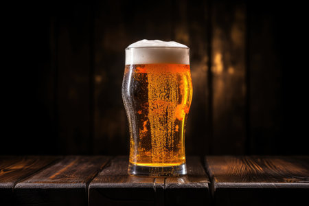 Cold beer in glass on wooden table against black backgroundの素材