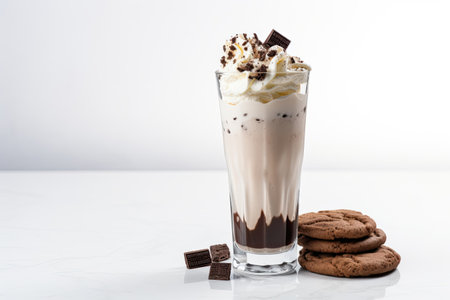A glass containing a chocolate milkshake adorned with whipped cream and a cookie, all placed separatの素材