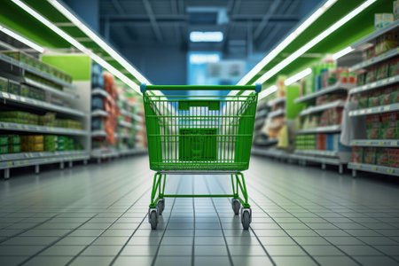 Empty green shopping cart in supermarket aisleの素材