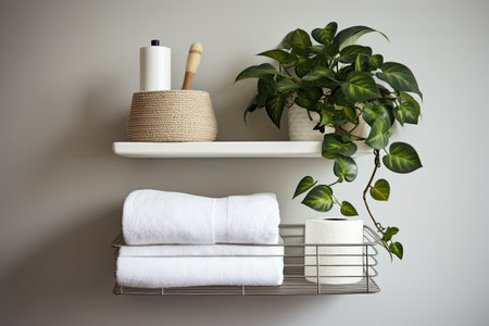 A bathroom shelf adorned with a basket filled with toilet paper rolls and houseplants.の素材