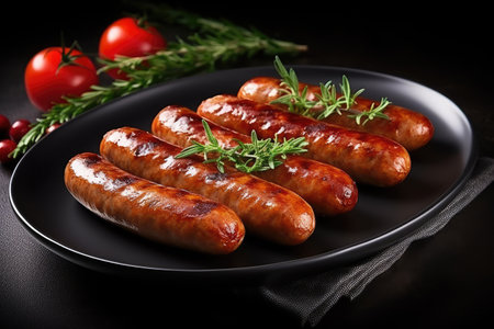 Herbed and tomatoed grilled sausages on white backgroundの素材