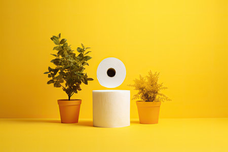 Advertising a roll of toilet paper positioned atop a vibrant yellow backdrop.の素材