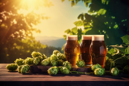 Ingredients for brewing beer hops on table with barrel in front of hop plantation in sunlight Craftの素材