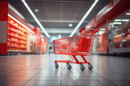 Empty red shopping cart in grocery store aisleの素材