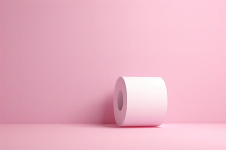 A minimalist concept featuring a pink background with a roll of toilet paper.の素材
