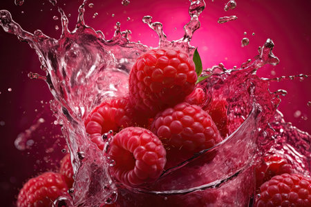 A close-up image of a vibrant raspberry smoothie being splashed.の素材