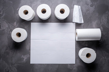 A flat lay arrangement featuring toilet paper on a grey backdrop, with an area designated for writteの素材