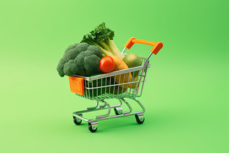 Handmade mini fruits and veggies on green cart representing fresh and healthy produceの素材
